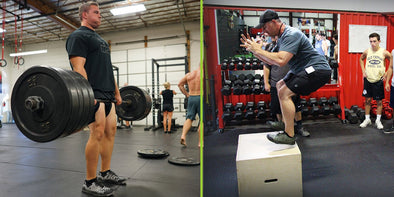 Men deadlifting with weights and doing box jumps in a gym